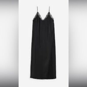 H&M Black pleated Maxi Dress with Lace Trim